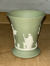 Vintage Wedgwood Sage Green Jasperware Vase With Neoclassical Embossed Pictures picture
