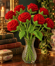 Lot 8 Handmade Crochet Red Roses Long Stem Yarn Flowers Forever Bouquet Cottage picture