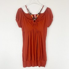 Vintage Y2K Libian Top Womens 1XL Beaded Babydoll Rust Boho Stretch Earthy picture