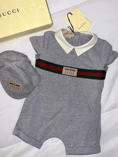 Gucci Baby 3-6M Gray Web Stripe Logo Romper One-Piece Collar Short Sleeve picture