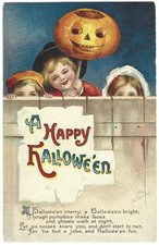 Atq Halloween Postcard Kids Jack-o-Lantern Behind Fence JOL Clapsaddle Unposted picture