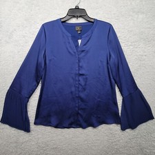 Worthington Shirt Womens Small Blue Long Sleeve Pleated Cuffs Hidden Button Up picture
