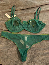 Adore Me Green Sheer Mesh Underwire Demi Bra Set Lace Trim Unlined 38D picture