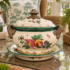 Vintage Hua Rong Tang Zhi Chinese Porcelain Tureen Underplate and Bronze details picture