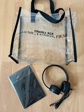Charli XCX music fashion film VIP merch - clear tote bag, headphones notebook picture