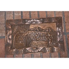 Vintage Hand Carved Wood Wall Plaque Relief Landscape Scene Folk Art Panel picture