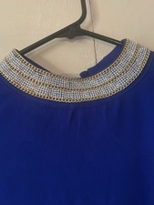 Moa Moa Royal Blue  Holiday Blouse with a Beaded or Jeweled Necklace Size Small picture