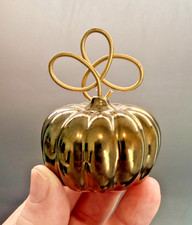 Vintage Gold Glazed Ceramic Pumpkin Figurine Paperweight Twisted Wire Stem 2