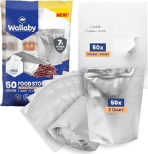 Wallaby 50ct 2-Quart Gusset Mylar Bags 14 Mil Zipper Food Storage w/ Labels picture