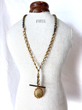 Antique Gold-Filled Pocket Watch Chain & Agate Fob Necklace picture