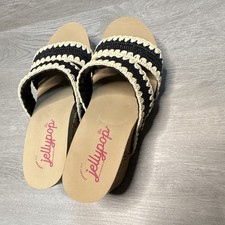 Jellypop Women's Slide Sandals Wedge Slip-On Crochet Straps Black/Beige 8M picture