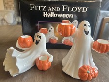 2004 Vintage Fitz & Floyd Halloween Ghost & Pumpkin  Candle Holders New/Open Box picture