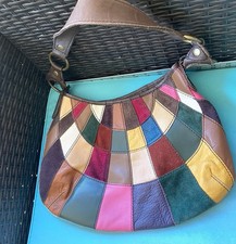 Vtg Lucky Brand Sunburst Fan Patchwork Leather suede Hobo Bag V-Stitch Y2K Boho picture