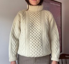 Vintage Saks Fifth Avenue Cream Wool Cable Knit Turtleneck Sweater picture