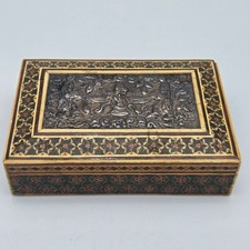 Vintage Khatam Kari Wood Inlay Jewelry Trinket Box with Silver Repousse Scene picture