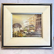 John Checkley Original Oil Painting Trolley Street Car Flower Cart MCM 8x10 EUC picture