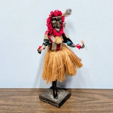 Vintage African Tribal Dancer Figurine with Fiber Skirt and Mask Folk Art Statue picture