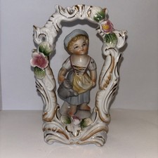 Antique Ucagco Japan Ceramic Girl With Watering Can Floral Figurine 6” Tall picture