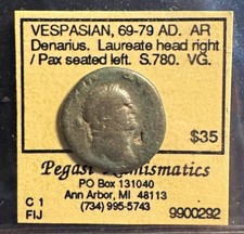 Vespasian AR Silver Denarius 69-79 AD Laureate Head Right Pax Seated S.780 picture