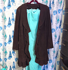 Dennis by Dennis Basso Women's Brown Suede Ruffle Long Lined Jacket Size L picture
