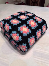 Vtg Handmade Granny Square Crochet Afghan Throw Large Blanket 50x86 BoHo FrShip picture
