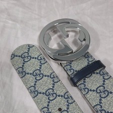 Authentic Gucci Monogram Blue Beige GG Belt Silver Buckle 34-36 IT 100CM picture