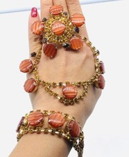 Vtg Unmarked Orange Art Glass Amber Rhinestone Brooch Pin Bracelet Necklace Set picture