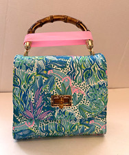 Lilly Pulitzer Small Rectangle Top Handle Bag Bamboo Handle Turn Lock Gold picture