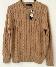 Polo Ralph Lauren Men’s Cable Knit Cotton Crewneck Sweater Brown Navy Pony S NWT picture