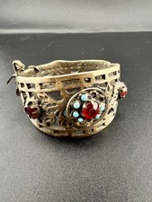 Vintage Tribal White Metal Filigree Cuff Bracelet Red Blue Stone Inlay picture