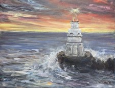 Original Lighthouse Acrylic Painting Sunset Ocean Waves CoastalArt, 14x18 Inches picture