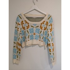 La Hearts Cropped Knit Sweater with Blue & Brown Floral (Size Small) Kidcore Y2K picture