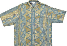 MIX 2XT Vintage Men's Short Sleeve Button Down Shirt 100% Rayon Blue Gold Abstra picture