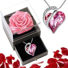 Preserved Eternal Real Rose Flower Gift Box With 14K Gold Plated Silver Necklace picture