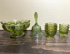 Fenton Green Hobnail Art Glass 4 pieces a Bowl, bell and two other pieces picture
