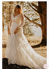 Lulu's Ivory Lace Beaded Long Sleeve V-Neck A-Line Wedding Dress Train picture