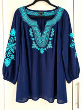 Talbots XL Navy/Turquoise Embroidered V-Neck 3/4 Sleeve Tunic Blouse picture