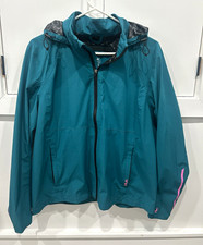 Huk Women's Hooded Zip Rain Coat Jacket Teal/Pink Size L Long Sleeve picture