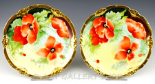 Antique Limoges Coronet France POPPIES FLOWERS /GOLD PLATES Set 2 Signed Baralhe picture
