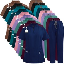 Summer NiaaHinn Scrub Nurse Uniform Women Scrub Set Zip-Neck Tops Straight Pants picture