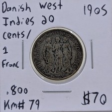 1905 Danish West Indies 20 Cents/1 Franc Km#79 picture