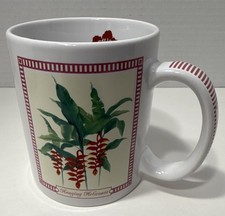 Hilo Hattie Hawaii Tropical Flowers Coffee 4” Tall Mug White w/ Red Border ©2005 picture