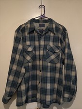 Vintage Pendleton Wool Shirt Mens L Blue Green Plaid 100% Virgin Wool USA picture