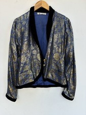 Lanvin Jacket Vintage Blue Gold Lame Floral Brocade Black Velvet Collar 1980s picture