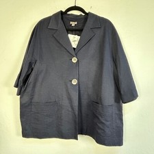 J. Jill Womens XL Ink Blue Silk & Cotton Textured Jacket Two-Button Pockets New picture