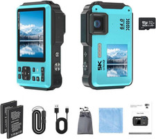 5K Underwater Camera 16FT Waterproof 64MP AF Dual Screen w/ 32GB Card – Blue picture