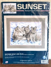Sunset Wolf Cross Stitch Kit #13130 Mother and Pups - Sealed Vintage picture