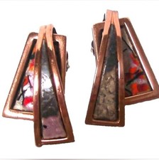 Vintage MATISSE RENOIR COPPER ENAMEL MODERNIST Clip On Earrings-Signed-c1950s picture