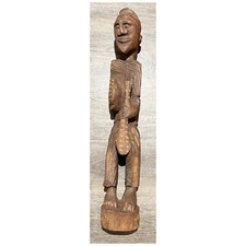 Antique PRIMITIVE Carved Wood Man Holding Paddle African 23” Statue Sculpture picture