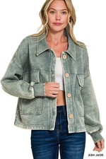 Ladies Zenana Ash Jade Acid Wash Fleece Front Pocket Cropped Shacket picture